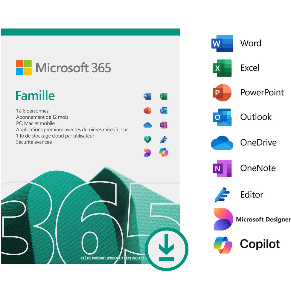 Microsoft 365 Famille Français - abonnement 12 mois pour 6 personnes | Licence officielle envoyée par email